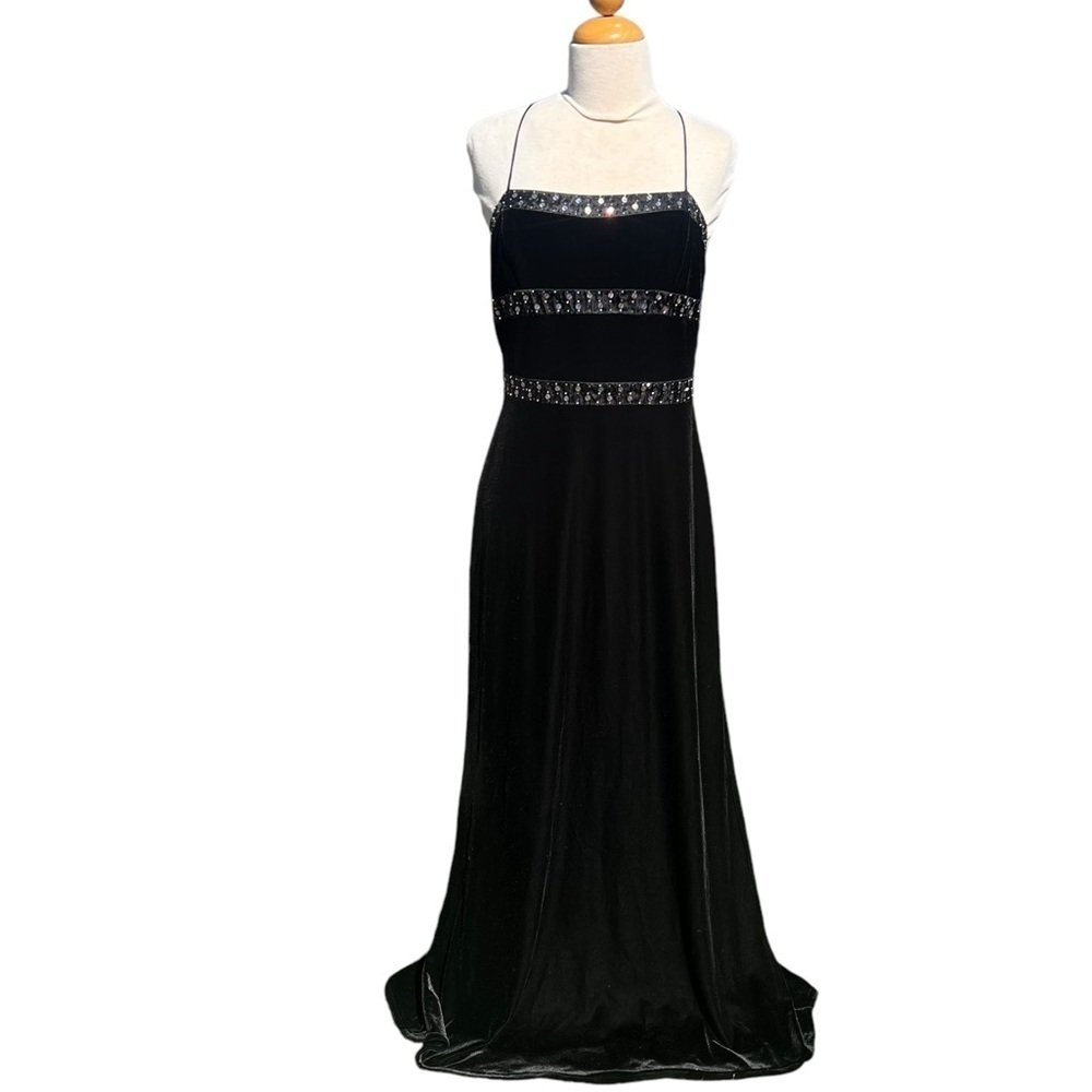 St. John Evening Velvet Sequin Strappy Gown Black Tie Special Occasion Formal